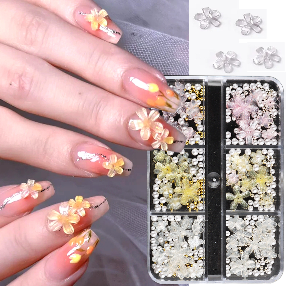 Hạt 3D Hình Hoa Trang Trí Móng Tay Bằng Acrylic Màu Trắng Hồng Đính Ngọc Trai Kim Loại Vàng Phong Cách Nhật Bản