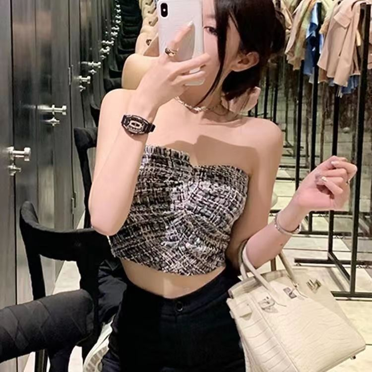 Áo Ống Vải Tweed Xếp Ly Hở Lưng Không Dây Mặc Bên Ngoài Họa Tiết Ca Rô Chống Chói Thời Trang Mùa Hè