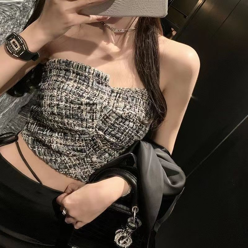 Áo Ống Vải Tweed Xếp Ly Hở Lưng Không Dây Mặc Bên Ngoài Họa Tiết Ca Rô Chống Chói Thời Trang Mùa Hè