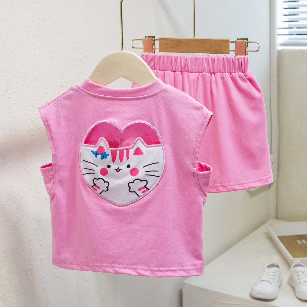 Set Áo Thun Ba Lỗ Và Quần Short In Hình Mèo Đáng Yêu Hzffc0042