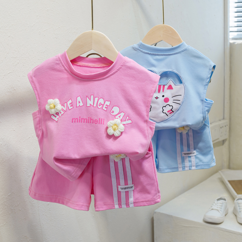 Set Áo Thun Ba Lỗ Và Quần Short In Hình Mèo Đáng Yêu Hzffc0042