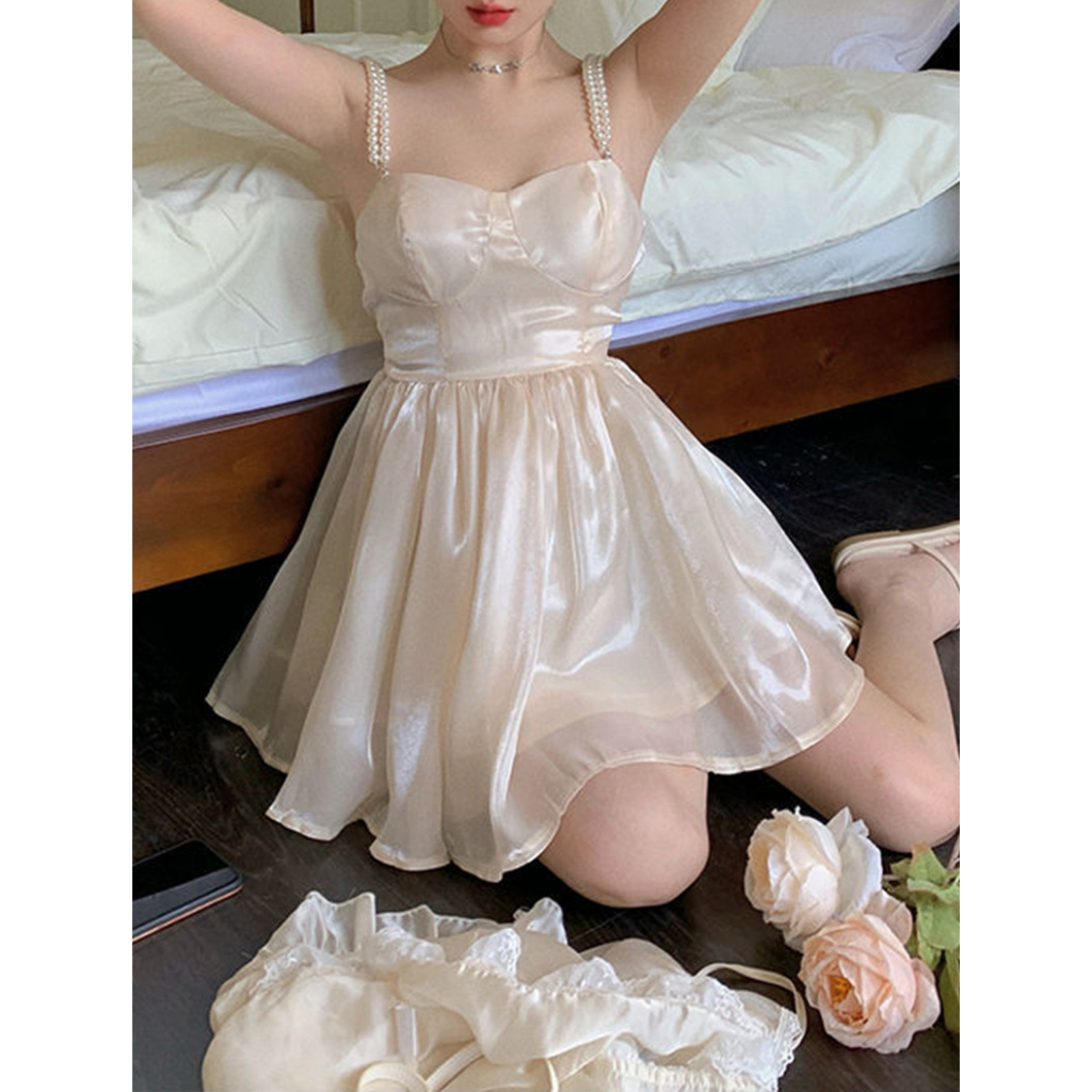 Đầm Dây Đính Ngọc Trai Phong Cách Pháp Thanh Lịch Dành Cho Nữ