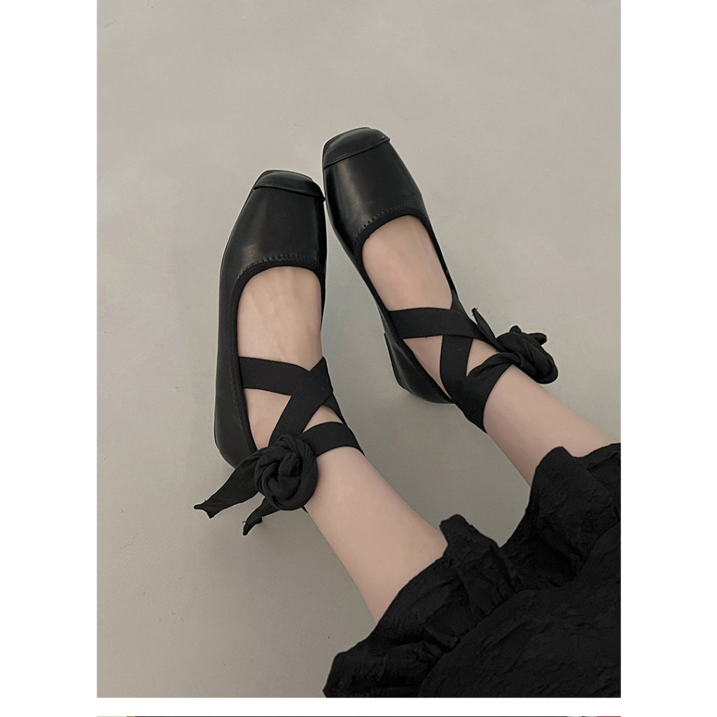 Giày Búp Bê Mũi Vuông Màu Đen Thời Trang Xuân Thu 2023 Cho Nữ