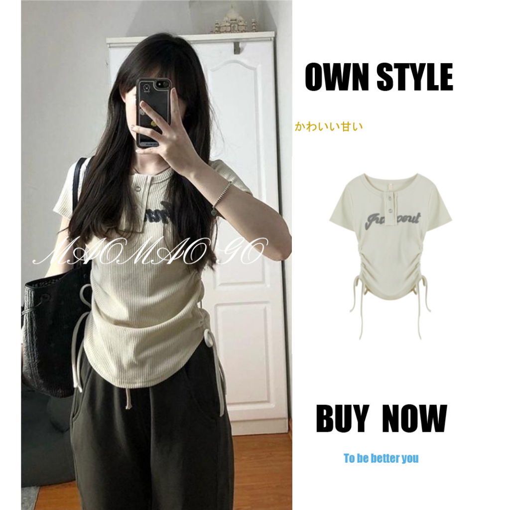 Maomao GO Áo Thun Croptop Tay Ngắn Dáng Ôm Phối Dây Rút Thời Trang Quyến Rũ Cho Nữ