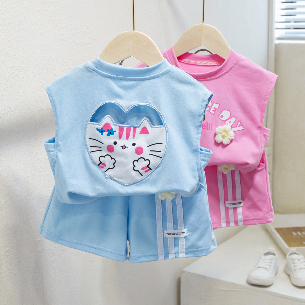 Set Áo Thun Ba Lỗ Và Quần Short In Hình Mèo Đáng Yêu Hzffc0042