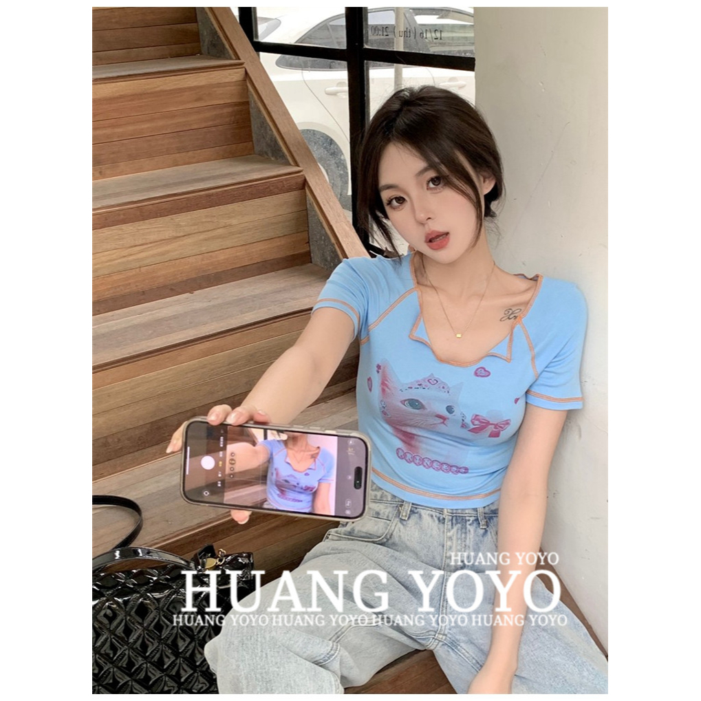 Áo Thun croptop Tay Ngắn Dáng Ôm Vải Cotton In Hình Mèo Dễ Thương Kiểu Hàn Quốc