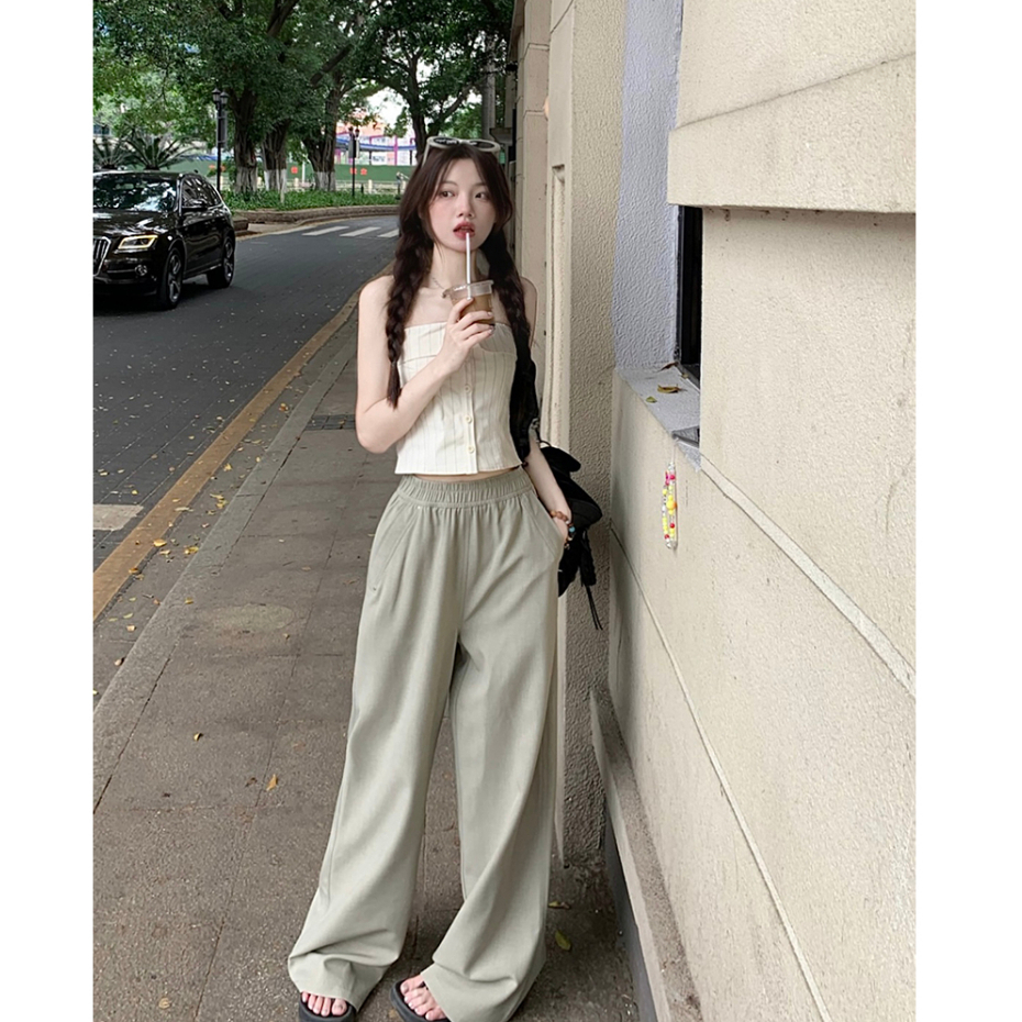 qkoole Set Áo Ống Hở Vai Họa Tiết Sọc + Quần ống rộng Thời Trang Cho Nữ