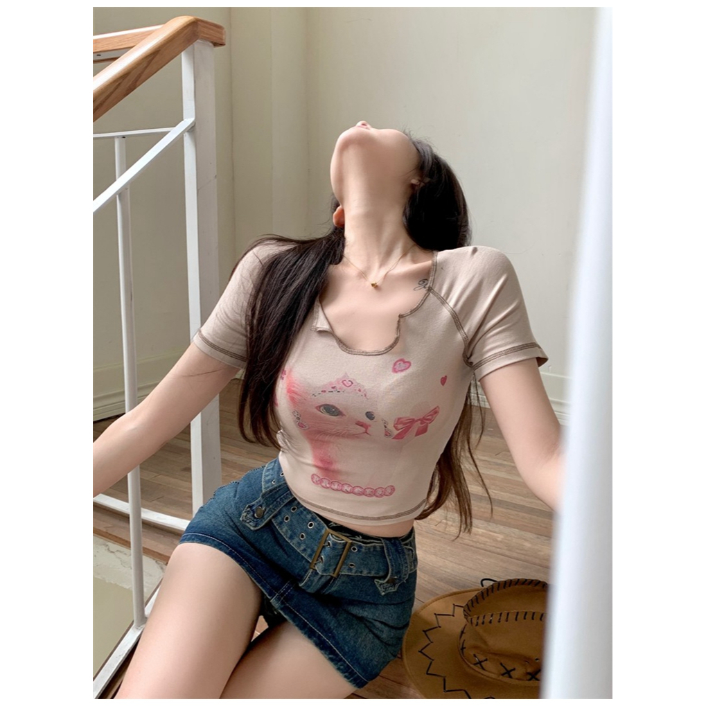 Áo Thun croptop Tay Ngắn Dáng Ôm Vải Cotton In Hình Mèo Dễ Thương Kiểu Hàn Quốc