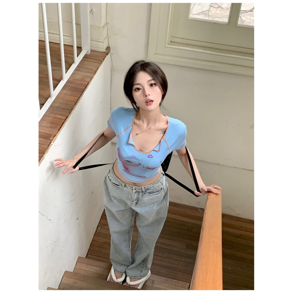 Áo Thun croptop Tay Ngắn Dáng Ôm Vải Cotton In Hình Mèo Dễ Thương Kiểu Hàn Quốc