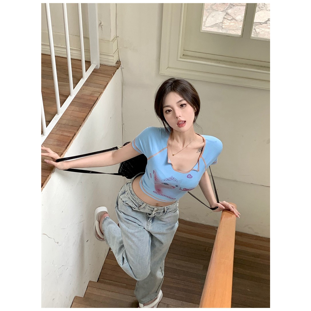 Áo Thun croptop Tay Ngắn Dáng Ôm Vải Cotton In Hình Mèo Dễ Thương Kiểu Hàn Quốc