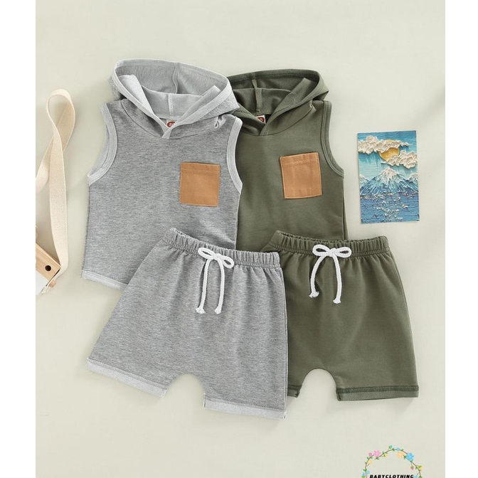 Set Đồ Mùa Hè 2 Món Gồm Áo Ba Lỗ Có Mũ Không Tay + Quần Ngắn Lưng Thun Màu Trơn Cho Bé Trai