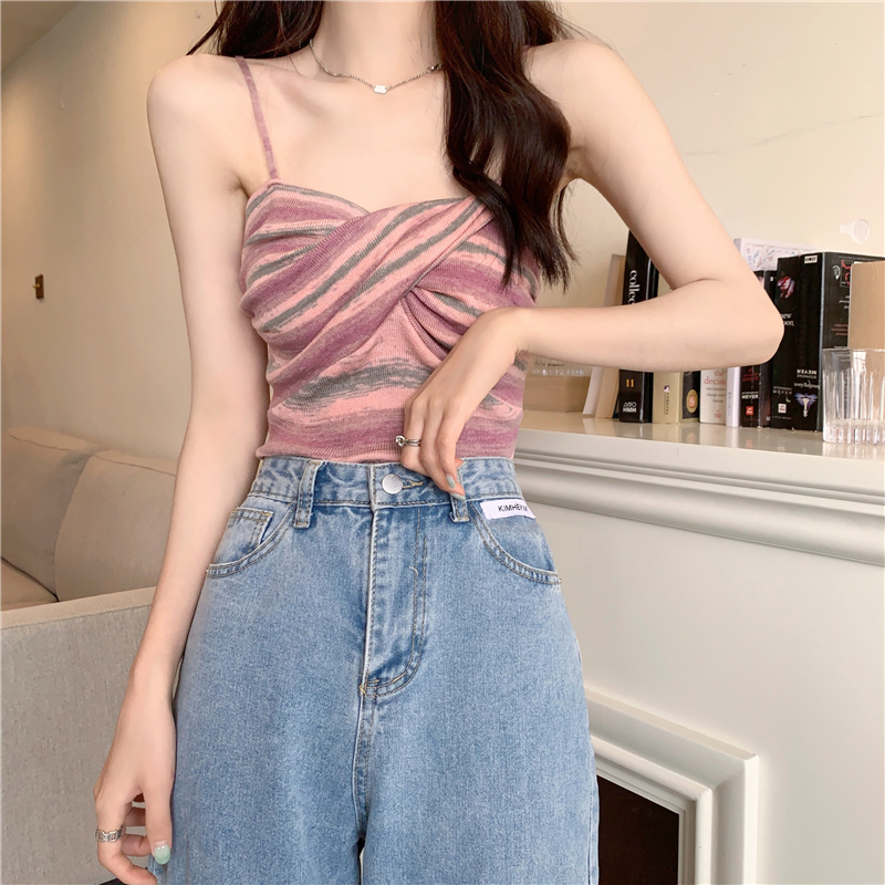 QADCOL Áo Lửng Không Tay Họa Tiết Sọc Thời Trang Quyến Rũ Dành Cho Nữ quyên áo croptop bó