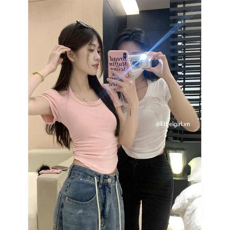 Ethelgirl Áo Thun Tay Ngắn Cổ Chữ U Ôm Dáng Phong Cách Hàn Quốc 5 Màu Sắc Tùy Chọn Quyến Rũ Dành Cho Nữ
