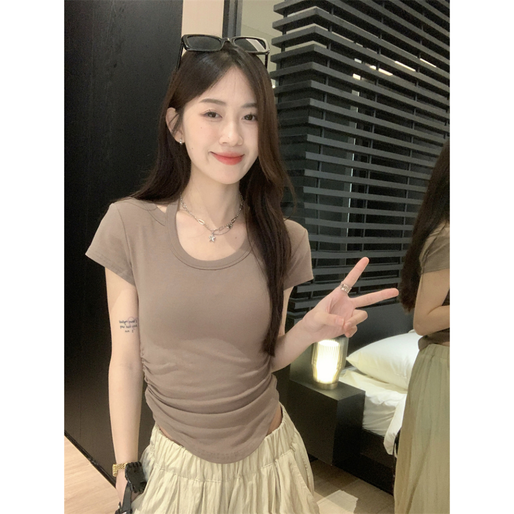 Ethelgirl Áo Thun Tay Ngắn Cổ Chữ U Ôm Dáng Phong Cách Hàn Quốc 5 Màu Sắc Tùy Chọn Quyến Rũ Dành Cho Nữ