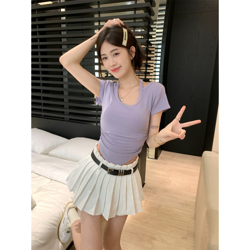 Ethelgirl Áo Thun Tay Ngắn Cổ Chữ U Ôm Dáng Phong Cách Hàn Quốc 5 Màu Sắc Tùy Chọn Quyến Rũ Dành Cho Nữ