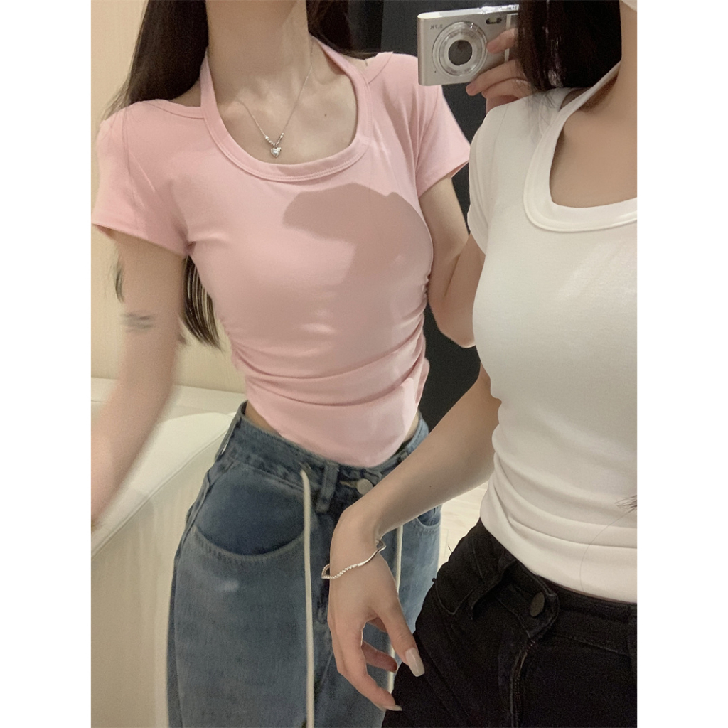 Ethelgirl Áo Thun Tay Ngắn Cổ Chữ U Ôm Dáng Phong Cách Hàn Quốc 5 Màu Sắc Tùy Chọn Quyến Rũ Dành Cho Nữ