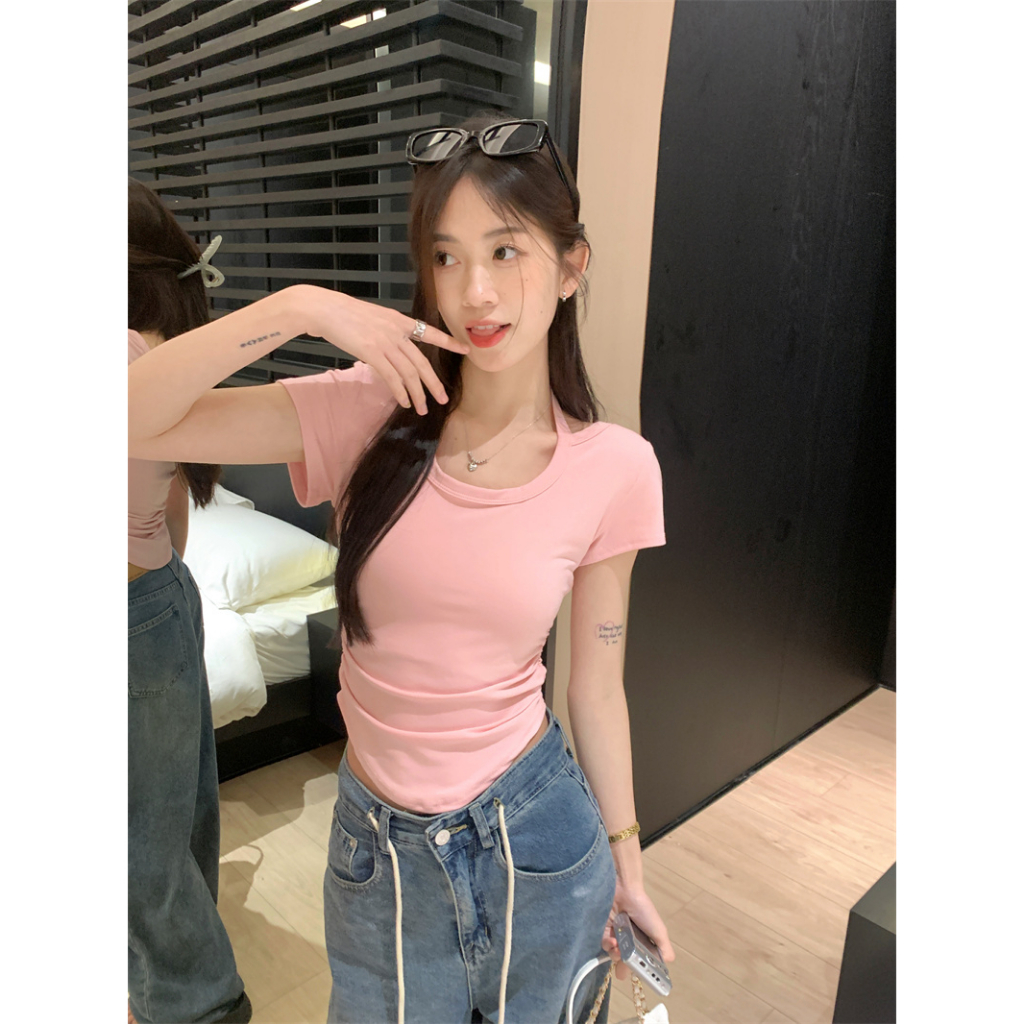 Ethelgirl Áo Thun Tay Ngắn Cổ Chữ U Ôm Dáng Phong Cách Hàn Quốc 5 Màu Sắc Tùy Chọn Quyến Rũ Dành Cho Nữ