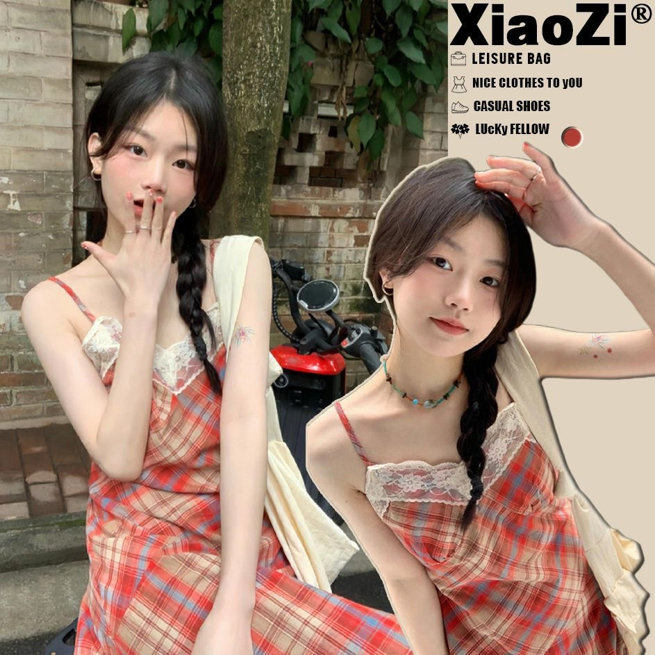 đầm cổ yếm váy yếm đầm babydoll Đầm Hai Dây Phối Ren Họa Tiết Kẻ Ô Phong Cách Pháp Cổ Điển Thời Trang Mùa Hè 2023 Mới