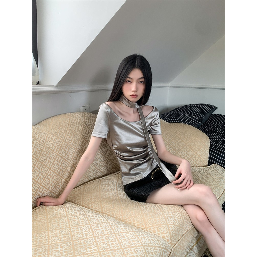 Áo Thun Ba Lê Tay Ngắn Hở Vai Màu Bạc Sáng Kiểu Âu Mỹ y2k Millennium Ngọt Ngào Thời Trang Xuân Hè Cho Nữ