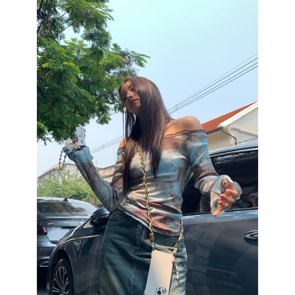 Áo Thun Tay Dài Lệch Vai Màu Nhuộm Phong Cách Pháp Thời Trang Mùa Hè Cho Nữ