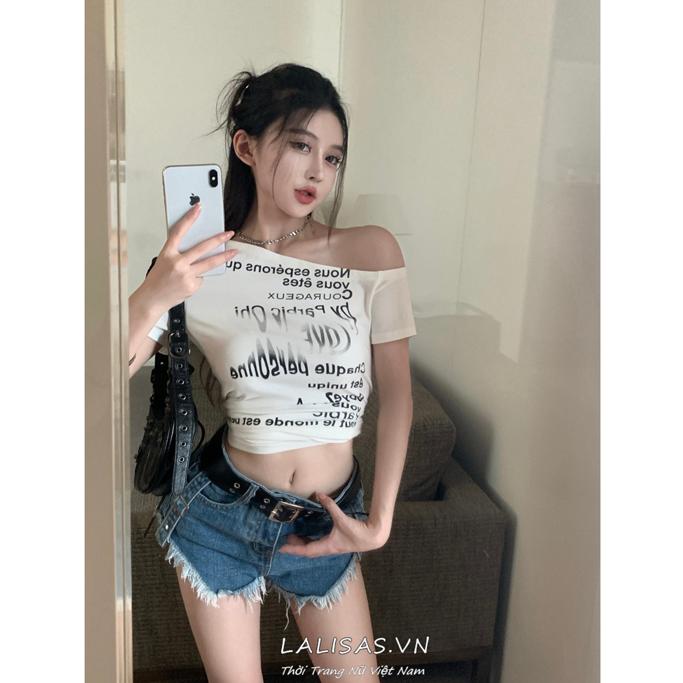 Áo Croptop Trễ Vai Tay Ngắn In Chữ Thời Trang Cho Nữ