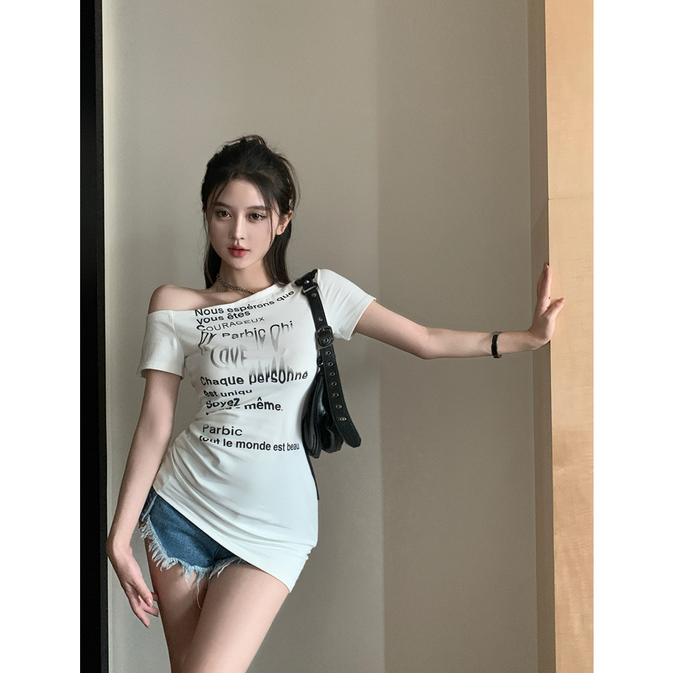 Áo Croptop Trễ Vai Tay Ngắn In Chữ Thời Trang Cho Nữ