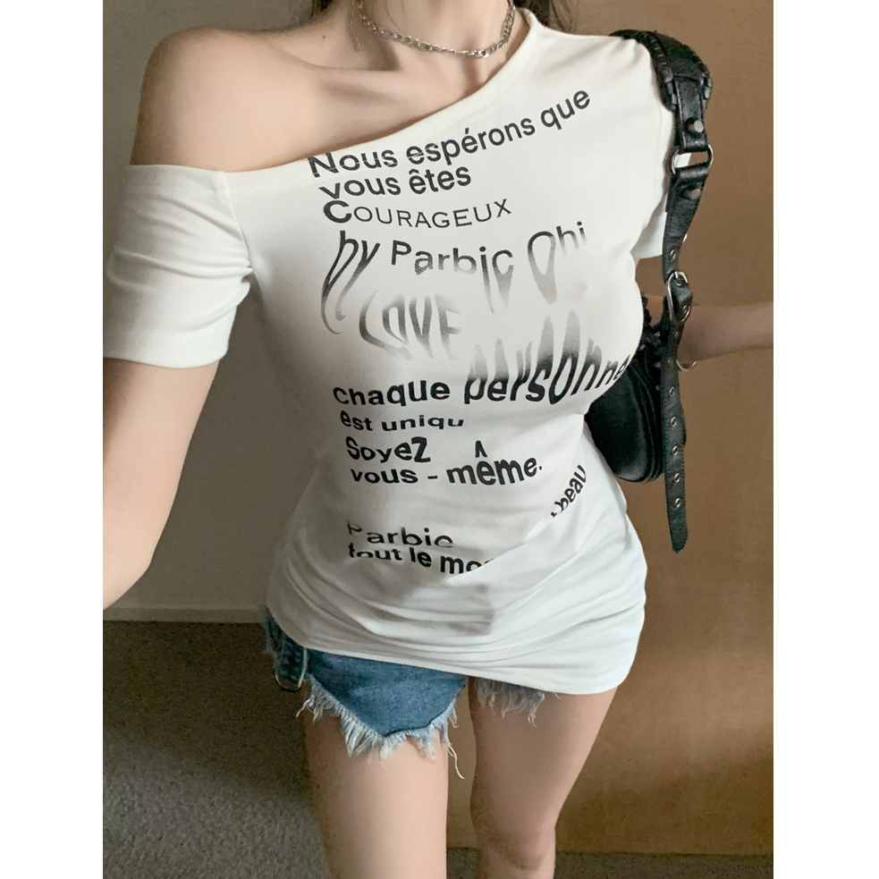 Áo Croptop Trễ Vai Tay Ngắn In Chữ Thời Trang Cho Nữ