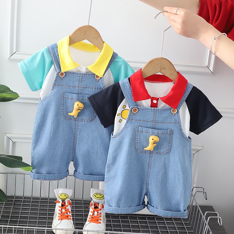 Set Đồ Mùa Hè 2 Món Gồm Áo Sơ Mi Cotton In Họa Tiết Động Vật + Quần Yếm Denim Cho Bé Sơ Sinh