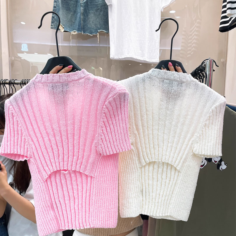Áo Dệt Kim Tay Ngắn Màu Sắc Trơn Phong Cách Hàn Quốc Thời Trang Cho Nữ