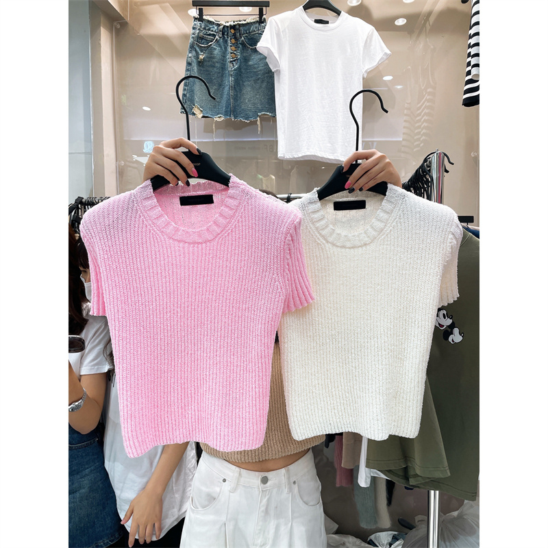 Áo Dệt Kim Tay Ngắn Màu Sắc Trơn Phong Cách Hàn Quốc Thời Trang Cho Nữ