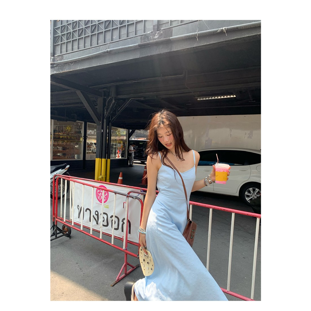 Đầm Dài Dáng Chữ A Màu Xanh Dương Thiết Kế Dây Thắt Lưng Xinh Xắn Thời Trang Đi Biển Cho