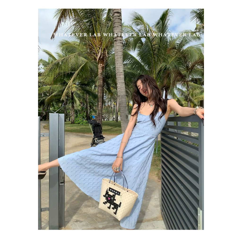 Đầm Dài Dáng Chữ A Màu Xanh Dương Thiết Kế Dây Thắt Lưng Xinh Xắn Thời Trang Đi Biển Cho