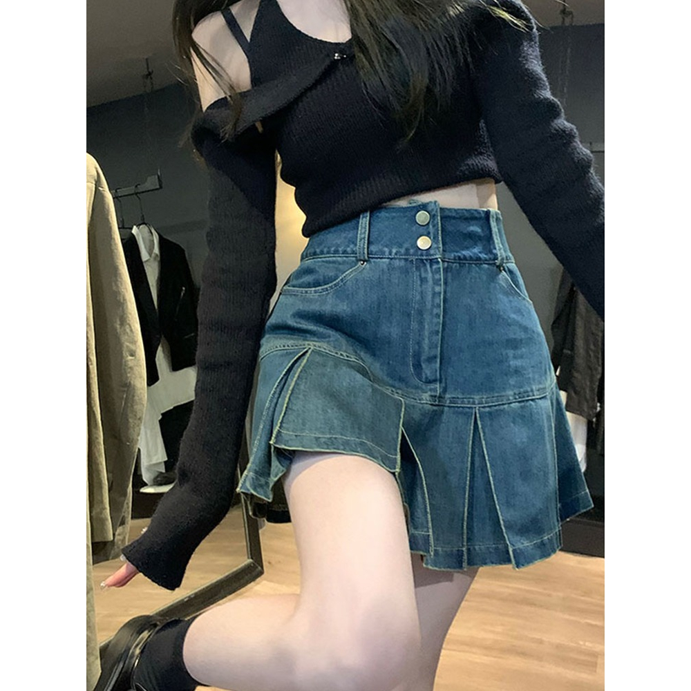 Loxcavin. Chân váy jean Chữ A Lưng Cao Xếp Ly Thời Trang Mùa Hè Cho Nữ