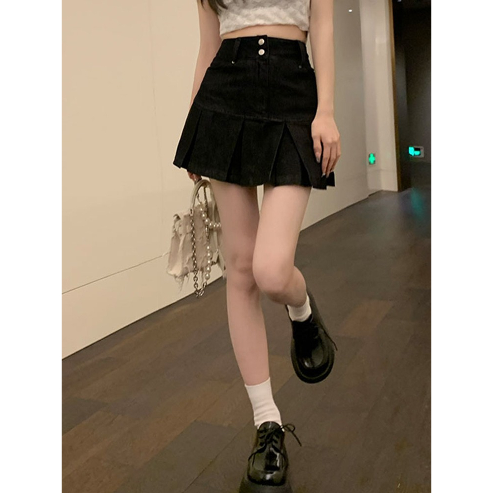 Loxcavin. Chân váy jean Chữ A Lưng Cao Xếp Ly Thời Trang Mùa Hè Cho Nữ