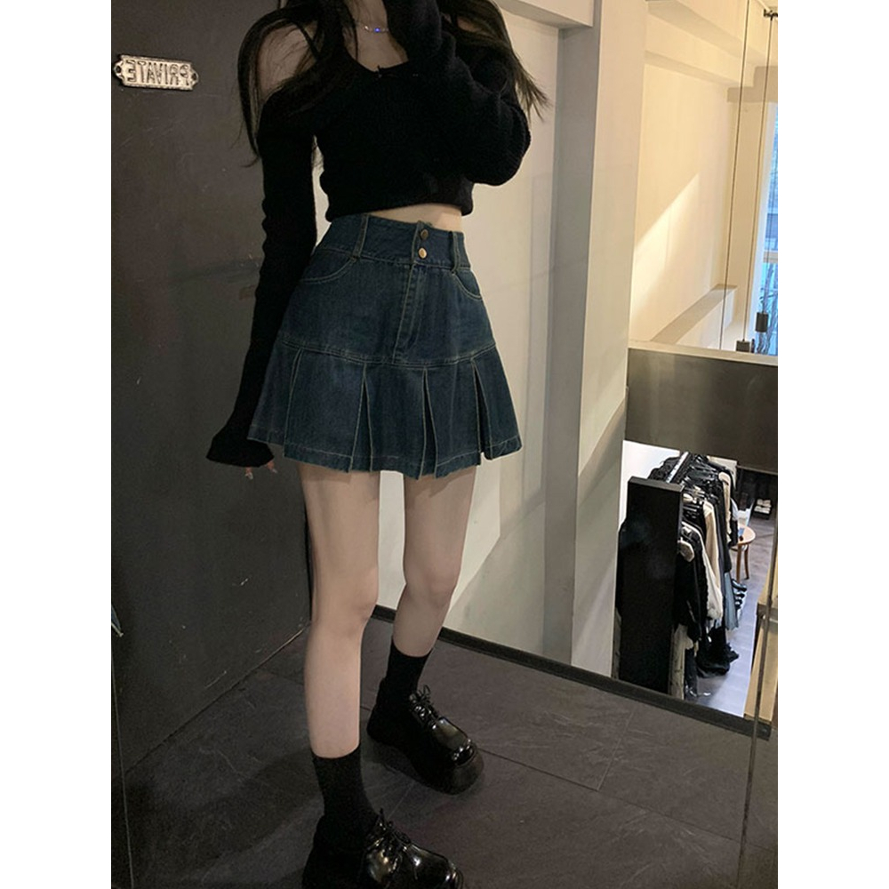 Loxcavin. Chân váy jean Chữ A Lưng Cao Xếp Ly Thời Trang Mùa Hè Cho Nữ