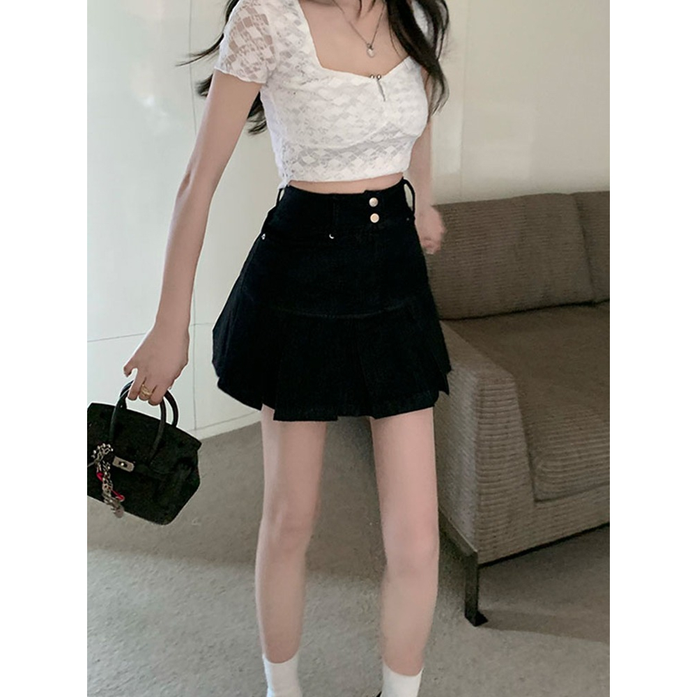 Loxcavin. Chân váy jean Chữ A Lưng Cao Xếp Ly Thời Trang Mùa Hè Cho Nữ