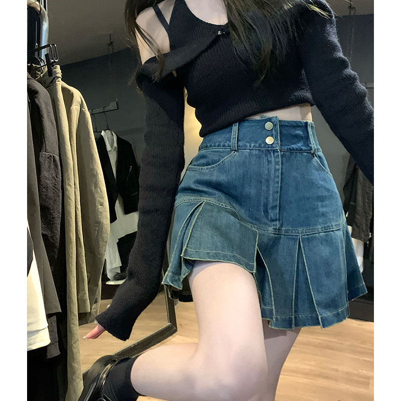 Loxcavin. Chân váy jean Chữ A Lưng Cao Xếp Ly Thời Trang Mùa Hè Cho Nữ