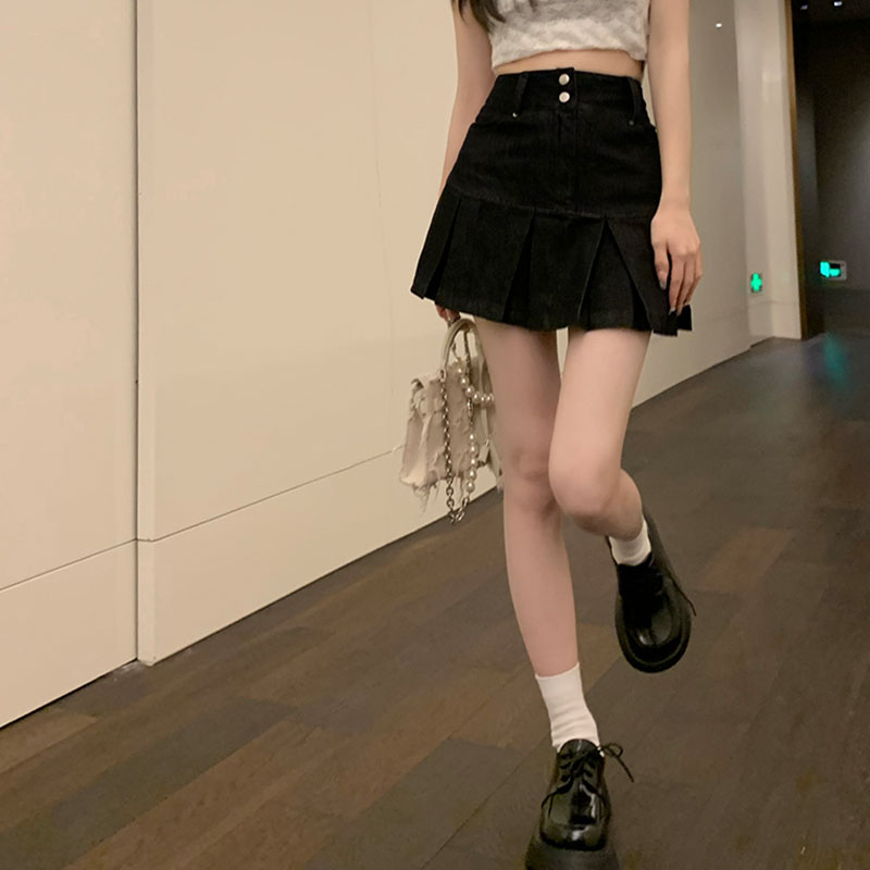 Loxcavin. Chân váy jean Chữ A Lưng Cao Xếp Ly Thời Trang Mùa Hè Cho Nữ