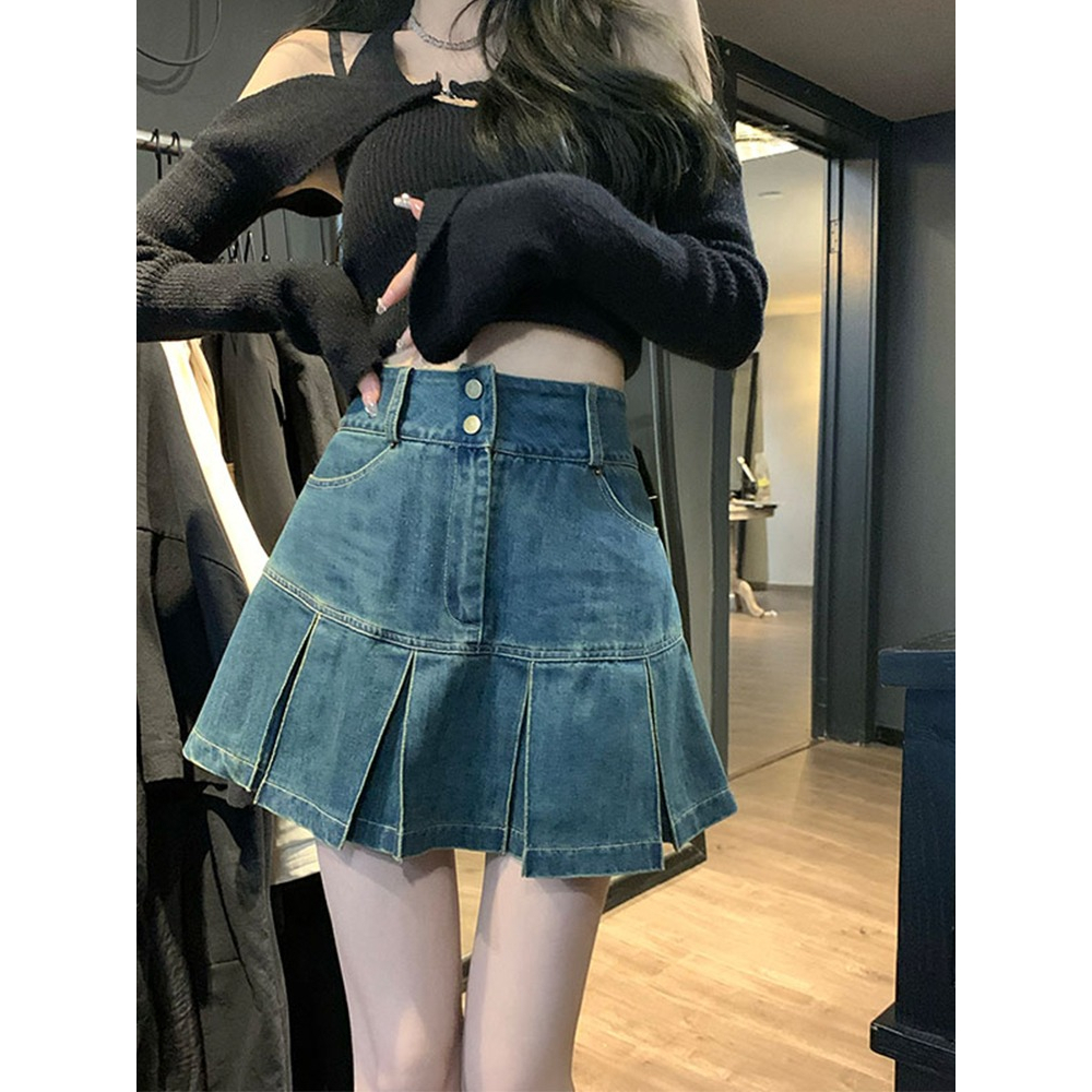 Loxcavin. Chân váy jean Chữ A Lưng Cao Xếp Ly Thời Trang Mùa Hè Cho Nữ
