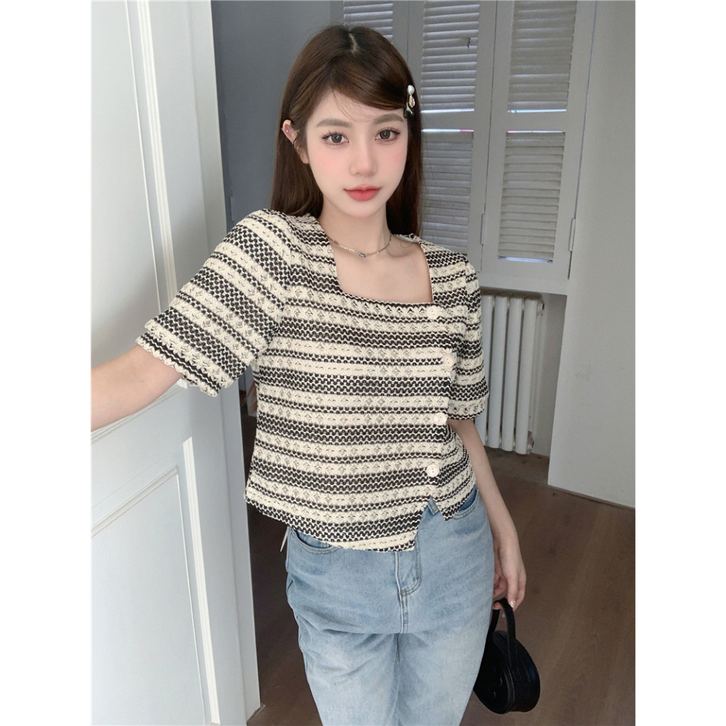 Lalisas Áo Sơ Mi Ngắn Rộng Một Hàng Nút Thiết Kế Không Đều Phong Cách Hàn Quốc Cho Nữ