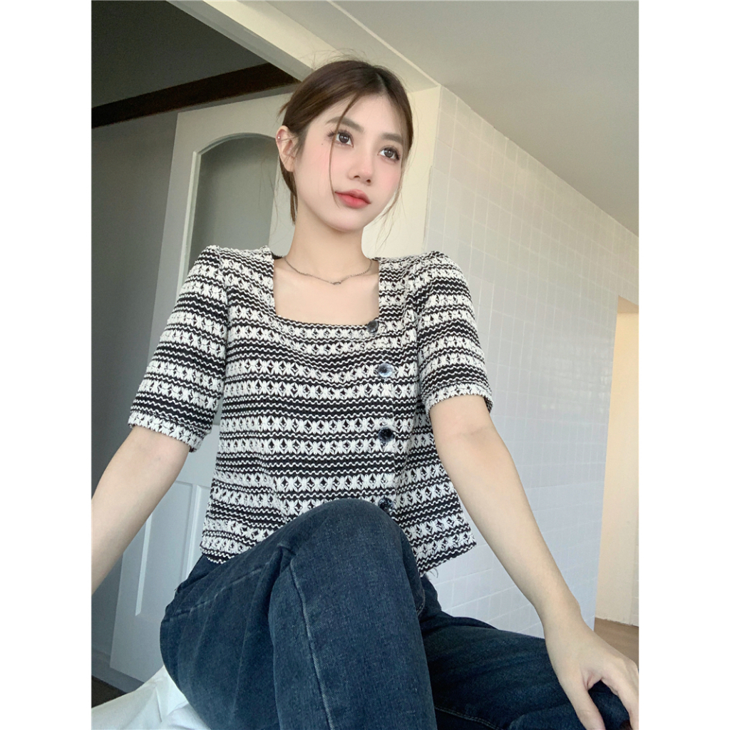 Lalisas Áo Sơ Mi Ngắn Rộng Một Hàng Nút Thiết Kế Không Đều Phong Cách Hàn Quốc Cho Nữ