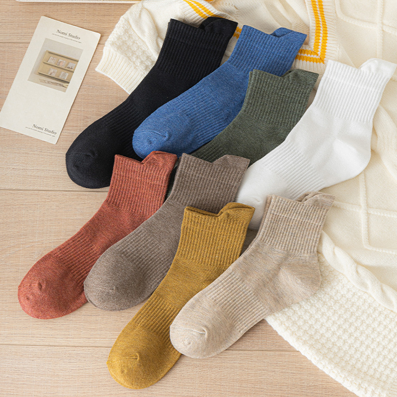 FHYL Vớ Thể Thao Màu Trơn Cổ Vừa Mềm Mại Thoáng Khí Khử Mùi Bốn Chiều Dễ Thương Phong Cách Hàn Quốc Cho Nữ