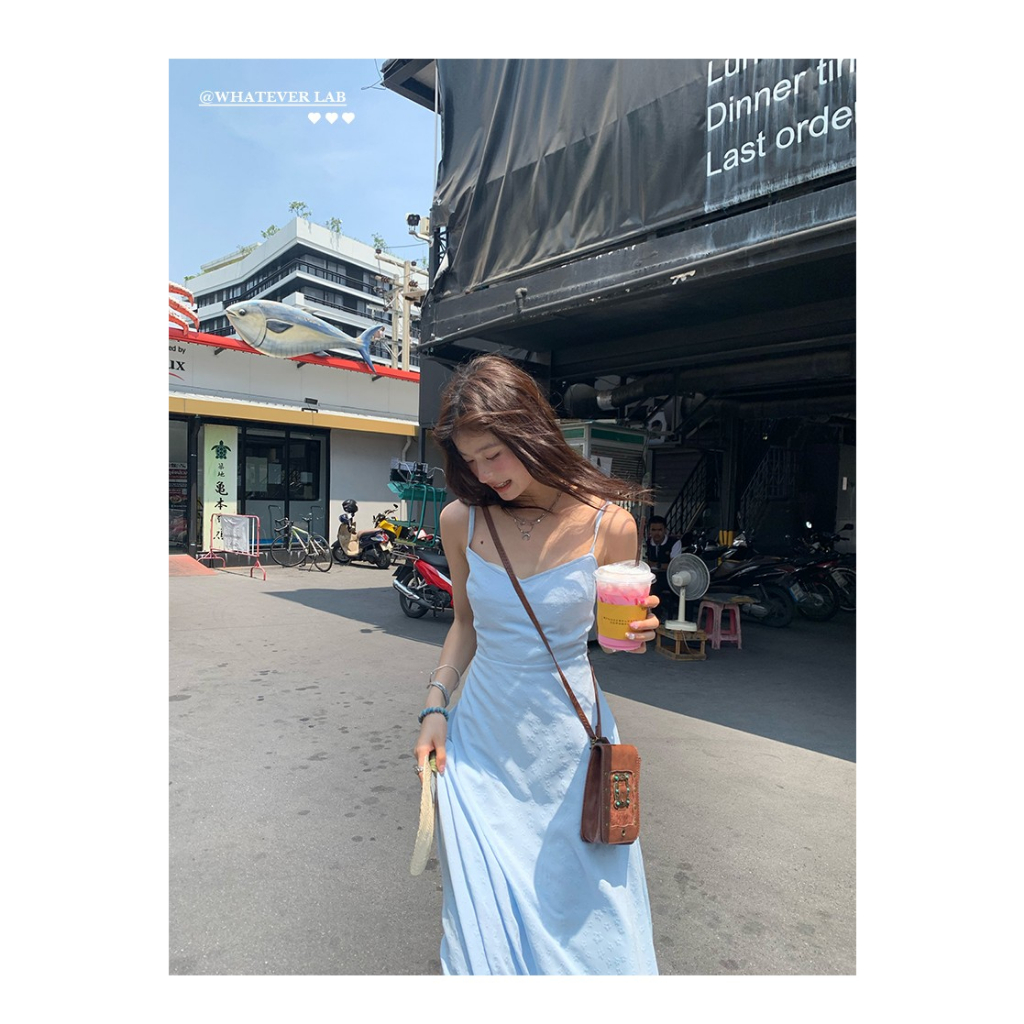 Đầm Dài Dáng Chữ A Màu Xanh Dương Thiết Kế Dây Thắt Lưng Xinh Xắn Thời Trang Đi Biển Cho