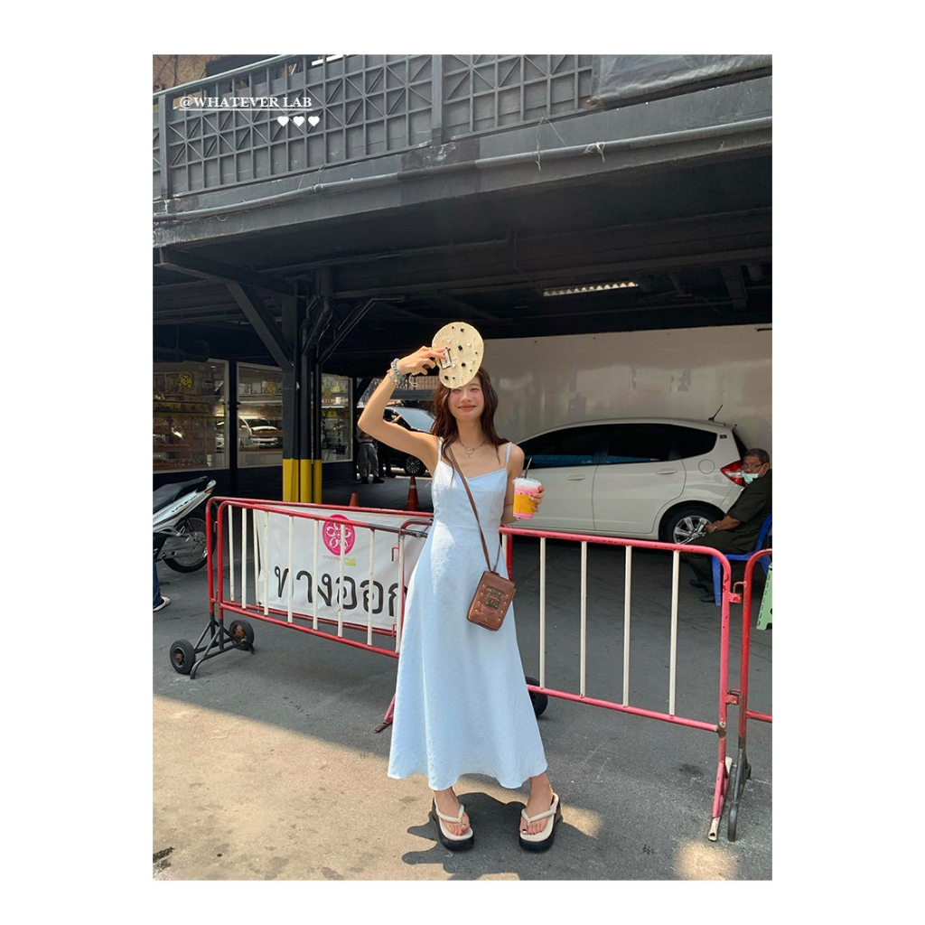 Đầm Dài Dáng Chữ A Màu Xanh Dương Thiết Kế Dây Thắt Lưng Xinh Xắn Thời Trang Đi Biển Cho