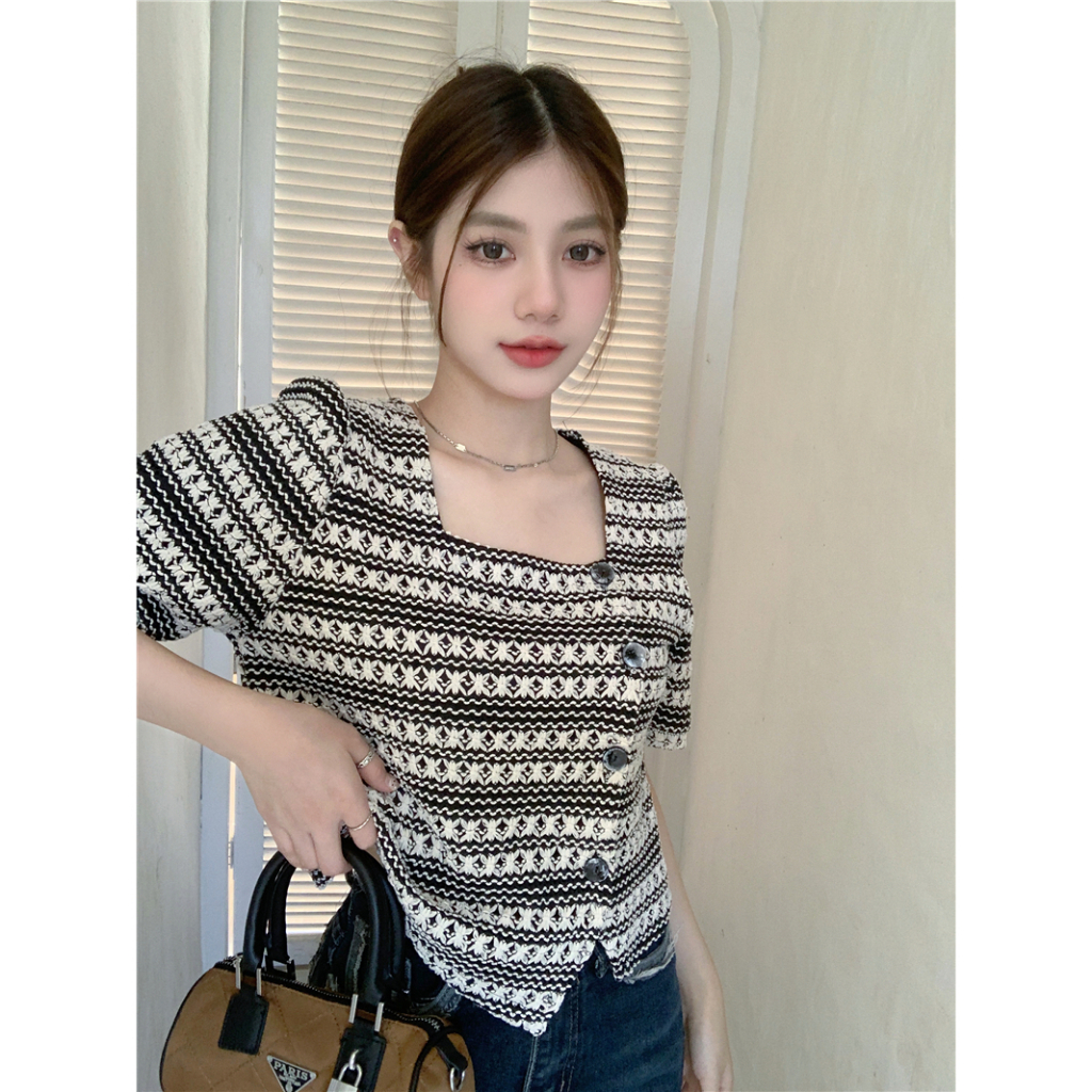 Lalisas Áo Sơ Mi Ngắn Rộng Một Hàng Nút Thiết Kế Không Đều Phong Cách Hàn Quốc Cho Nữ