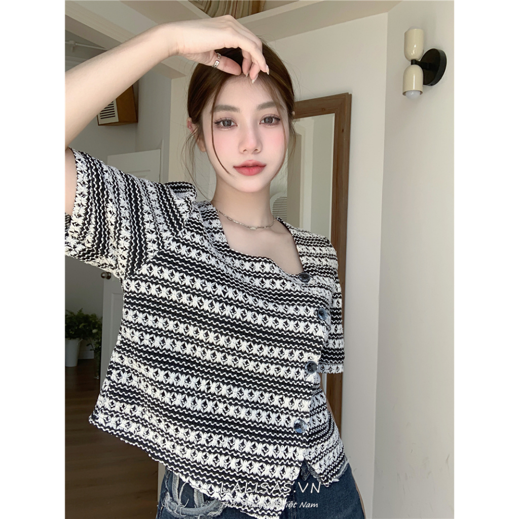 Lalisas Áo Sơ Mi Ngắn Rộng Một Hàng Nút Thiết Kế Không Đều Phong Cách Hàn Quốc Cho Nữ