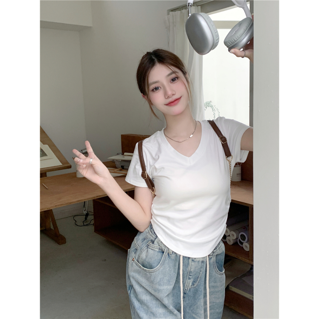 Áo Thun Tay Ngắn Cổ Chữ V Màu Trơn Phong Cách Hàn Quốc Dành Cho Nữ