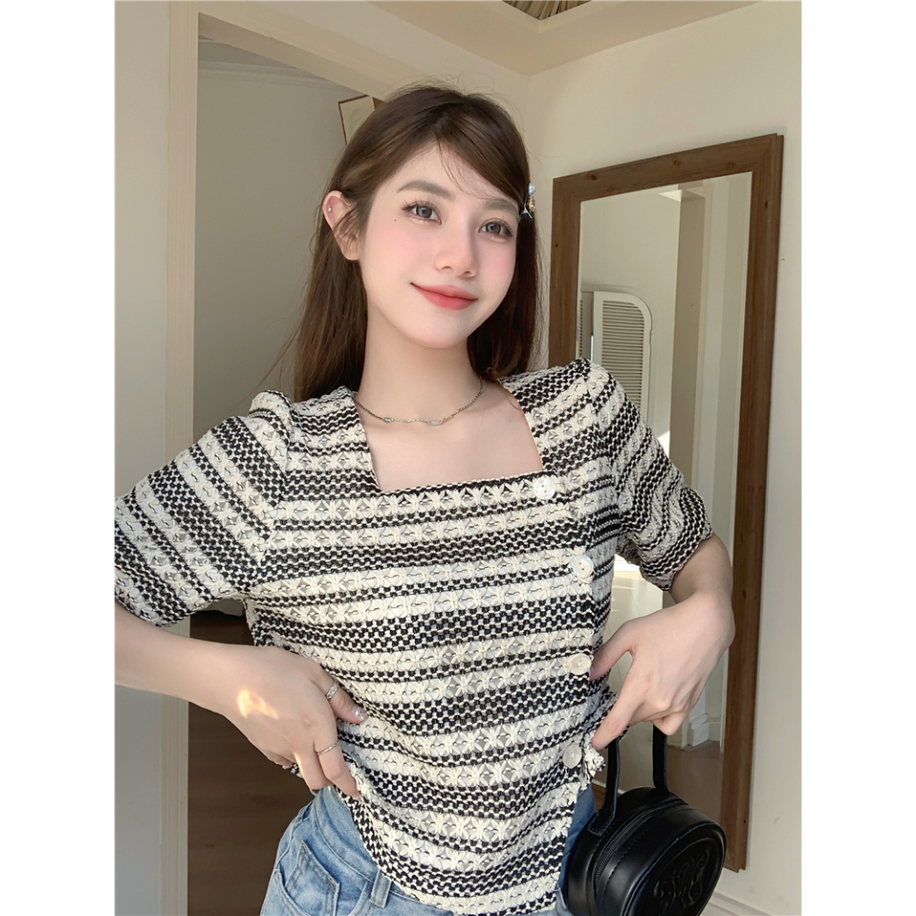 Lalisas Áo Sơ Mi Ngắn Rộng Một Hàng Nút Thiết Kế Không Đều Phong Cách Hàn Quốc Cho Nữ