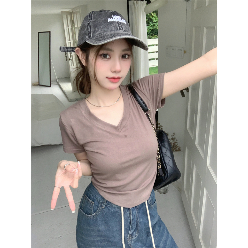 Áo Thun Tay Ngắn Cổ Chữ V Màu Trơn Phong Cách Hàn Quốc Dành Cho Nữ