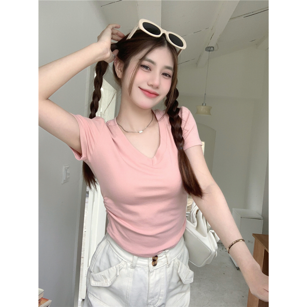 Áo Thun Tay Ngắn Cổ Chữ V Màu Trơn Phong Cách Hàn Quốc Dành Cho Nữ